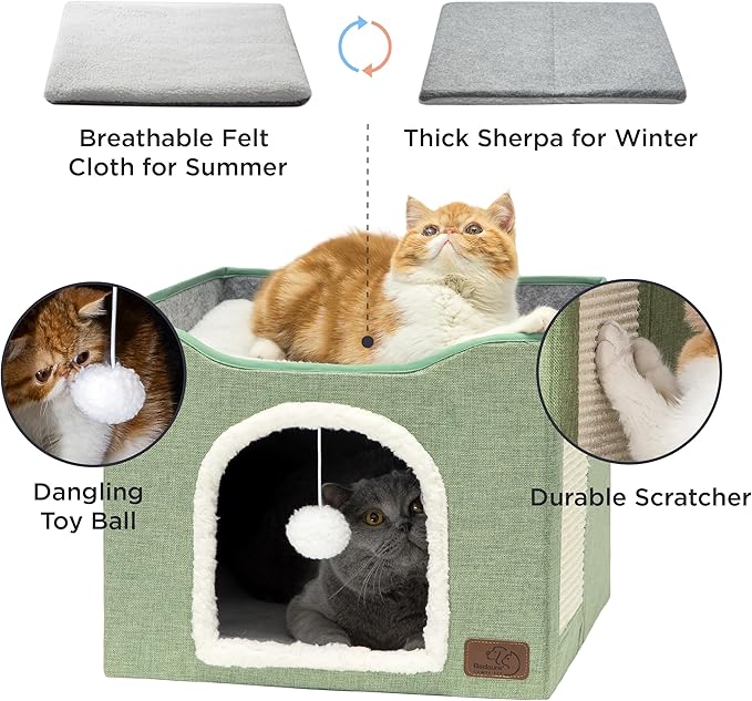 Bedsure Cat Beds for Indoor Cats - Large Cat Cave for Pet Cat House with Fluffy Ball Hanging and Scratch Pad, Foldable Cat Hideaway, 16.5x16.5x13 inches, Green