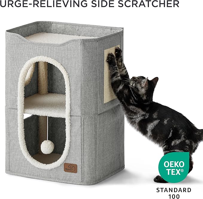 Bedsure 2 Story Cat House - Cat Condos for Indoor Cats with Scratch Pad and Fluffy Ball Hanging, Small Pet Cave Furniture Hideaway for Multi Pets, 18x14x23 inches, Grey