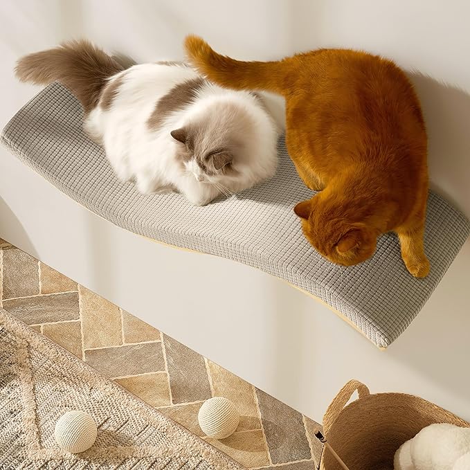 Extra Large 35.4” × 11.6” Stylish Cat Wall Shelves with Soft Cushion, Modern Wall-Mounted Cat Tree Furniture & Perch, Sturdy/Hidden Mounts, Machine Wash Cover, Sleek Design- CALLICO HAVEN Wave S-Shape