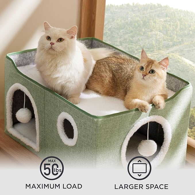 Bedsure Large Cat Beds for Indoor Cats - Extra Wide Cat Cube House for Small Pet with Fluffy Ball Hanging and Scratch Pad, Foldable Pet Cave Hideaway for Multiple Cats, 23.6x16.9x13 inches, Green