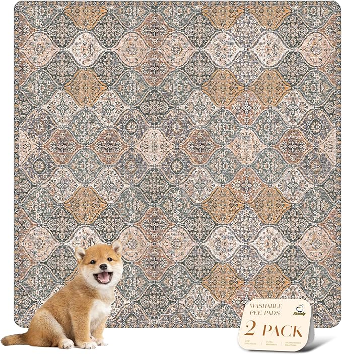 nunubaby Washable Pee Pads for Dogs, Stylish, Non-Slip and Leak-Proof Pee Pads. Reusable Potty Pads for Dogs for Crates and Floors.(Brown/Multi, 48" x48")