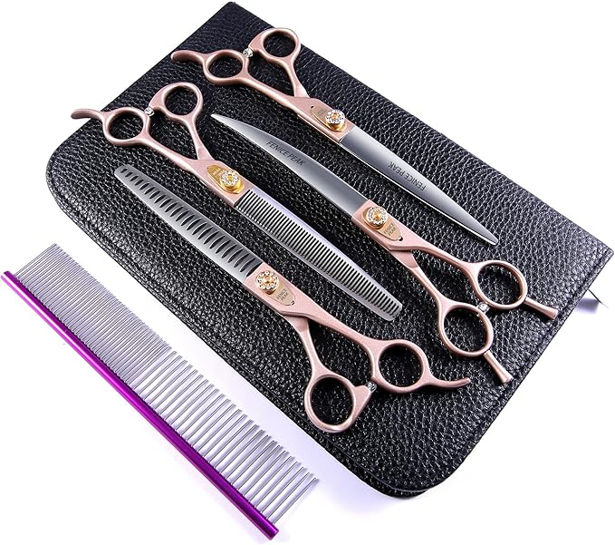 Fenice Peak 8‘’ Professional Dog Grooming Scissors Set Rose Gold 440C Stainless Steel Straight Thinning Curved Chunker Shears 4pcs Set for Pet Grooming Services Dogs and Cats