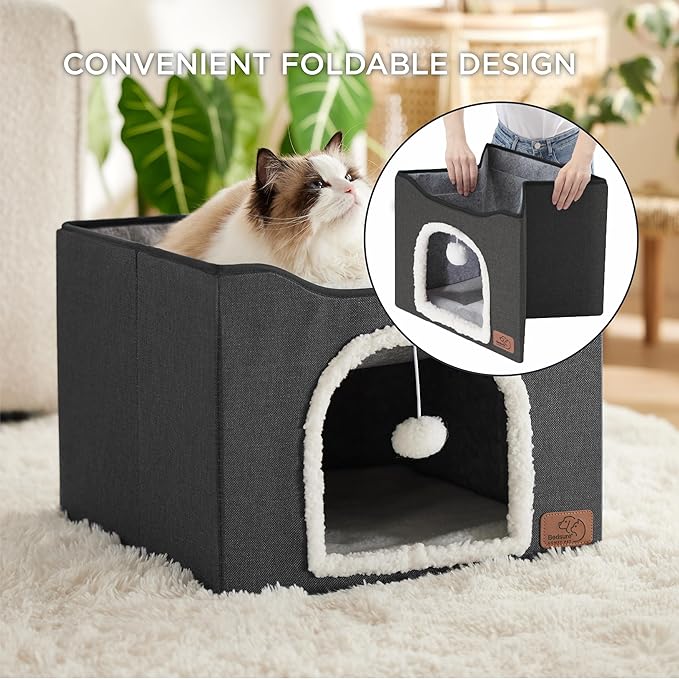 Bedsure Cat Beds for Indoor Cats - Large Cat Cave for Pet Cat House with Fluffy Ball Hanging and Scratch Pad, Foldable Cat Hideaway, 16.5x16.5x13 inches, Dark Grey