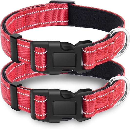 2 Pack Reflective Dog Collar with Safety Locking Buckle, Adjustable Soft Breathable Comfortable Nylon Pet Collar for Small, Medium and Large Dogs, Red, XL