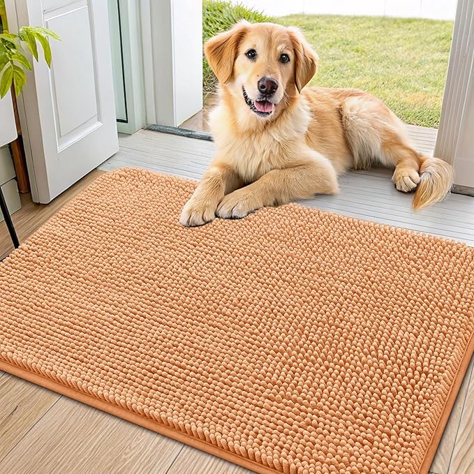 Smiry Dog Door Mat for Muddy Paws 36x24, Absorbs Moisture and Dirt Doormat, Non-Slip Washable Quick Dry Chenille Front Door Mat Indoor Entrance, Entryway Carpet for Inside Floor, Orange