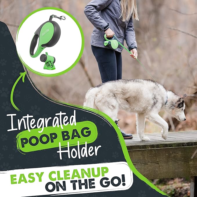 Mighty Paw Retractable Leash with Built-in Poop Bag Holder | 16' Long Retractable Dog Leash for Small Dogs, Medium Breeds & Large Pets with Tape for Quick Control. Poop Bags Included