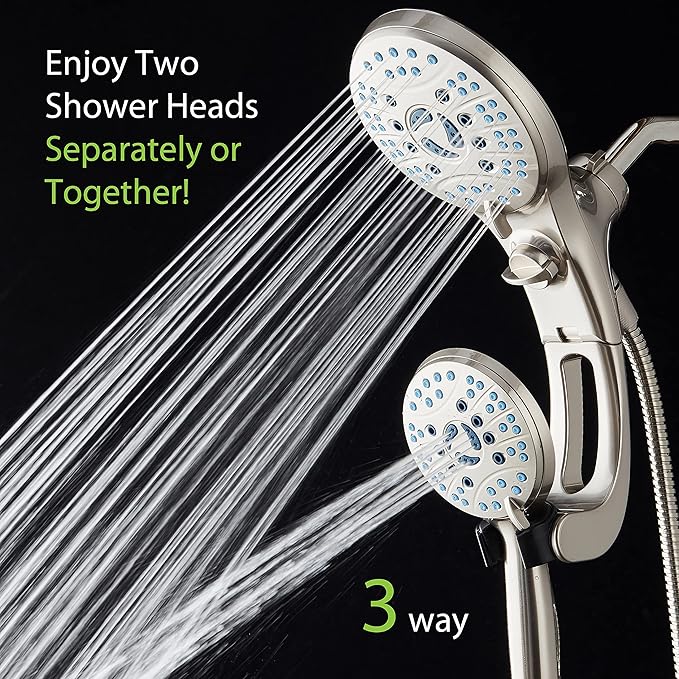 Hotel Spa AquaCare As-Seen-On-TV High Pressure Handheld/Rain 50-mode 3-way Shower Head Combo with Adjustable Arm - Anti-clog Nozzles, Tub & Pet Power Wash, 6 ft. Stainless Steel Hose, Nickel Finish