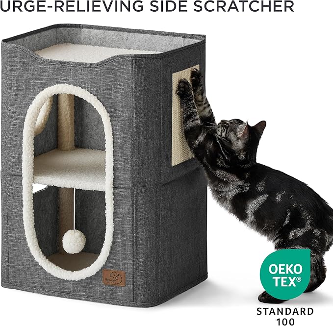 Bedsure 2 Story Cat House - Cat Condos for Indoor Cats with Scratch Pad and Fluffy Ball Hanging, Small Pet Cave Furniture Hideaway for Multi Pets, 18x14x23 inches, Dark Grey