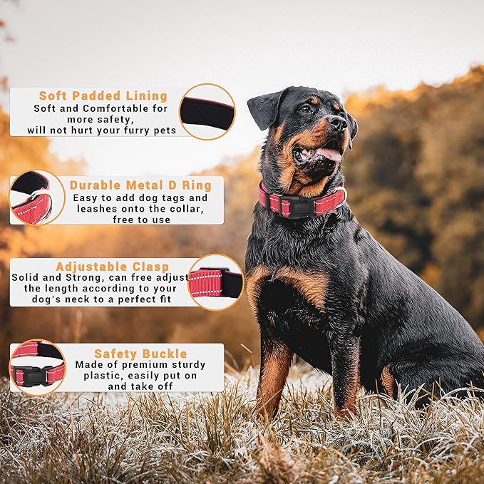 2 Pack Reflective Dog Collar with Safety Locking Buckle, Adjustable Soft Breathable Comfortable Nylon Pet Collar for Small, Medium and Large Dogs, Red, XS
