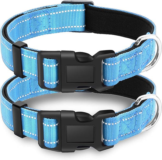 2 Pack Reflective Dog Collar with Safety Locking Buckle, Adjustable Soft Breathable Comfortable Nylon Pet Collar for Small, Medium and Large Dogs, SkyBlue, M