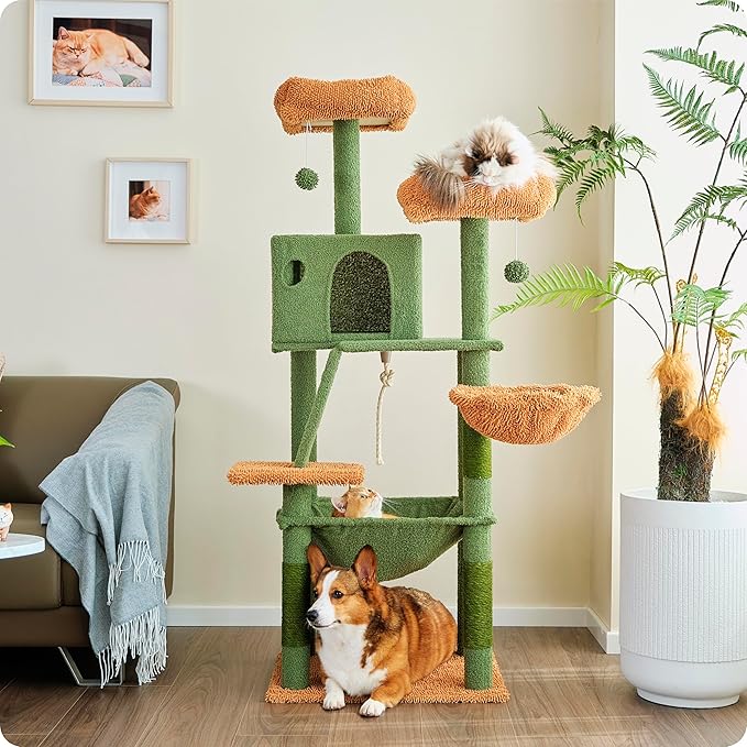 Ouritsu Cat Tree, 56 inch Tall Cat Tower for Large Cat Indoor, Large Condo, 2 Padded Perches, Steel-Framed Hammock, Scratching Post and ramp, Fluffy Basket, Green, LF001GB