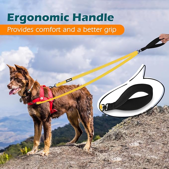 PetBonus Two Point Control Dog Leash, Works with No Pull Harnesses, No Tangle Training Leashes, Soft Padded and Reflective Walking Lead, Converts to Single Lead for Medium Large Dogs (Yellow)