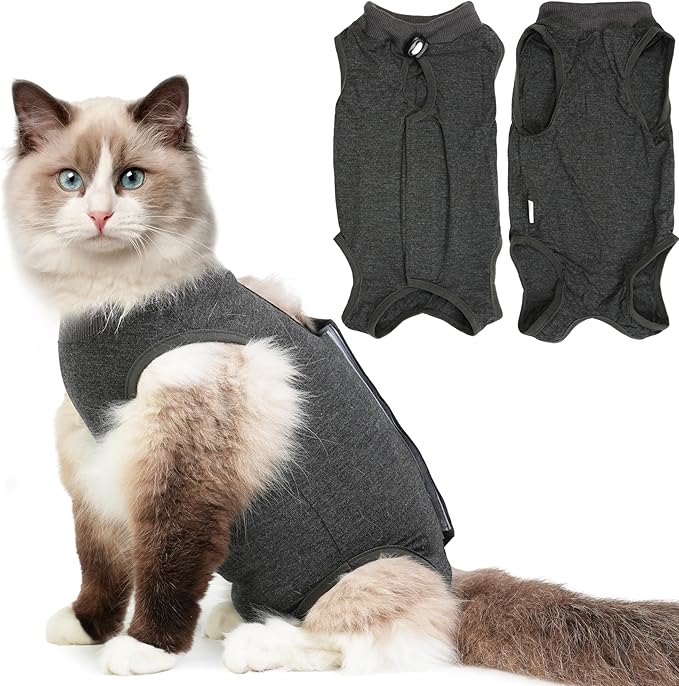 Cat Recovery Suit for Spay Abdominal Wounds, Kitten Onesie Bodysuit for Cats After Surgery, Cat Surgery Recovery Suit Female Cone of Shame Alternative for Cats Anti Licking (Dark Grey M)