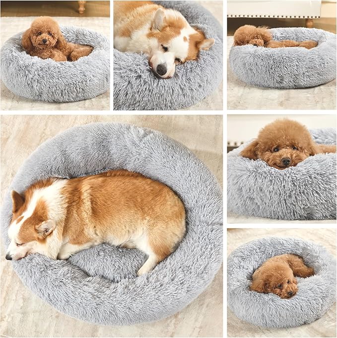Dog Calming Beds for Small Medium Dogs - Round Donut Washable Dog Bed, Anti-Slip Faux Fur Fluffy Donut Cuddler Anxiety Cat Bed(Light Grey 32")