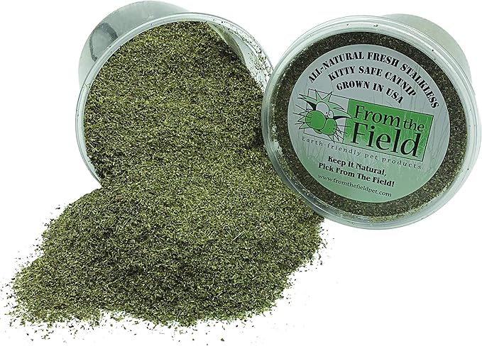 from The Field | Fine Ground Stalkless Catnip | Premium USA-Grown Catnip for Toys & Playtime | Fresh, Potent, Non-Toxic, Eco-Friendly | Safe for Kittens & Cats | Resealable 3.5 oz Tub