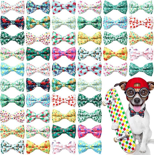 Hillban 50 Pcs Summer Collar Bow Ties for Dogs Hawaiian Dogs Collar Accessories for Pets Bow Ties Attachment with Elastic Bands Detachable Charms for Doggie Summer Hawaiian Costume