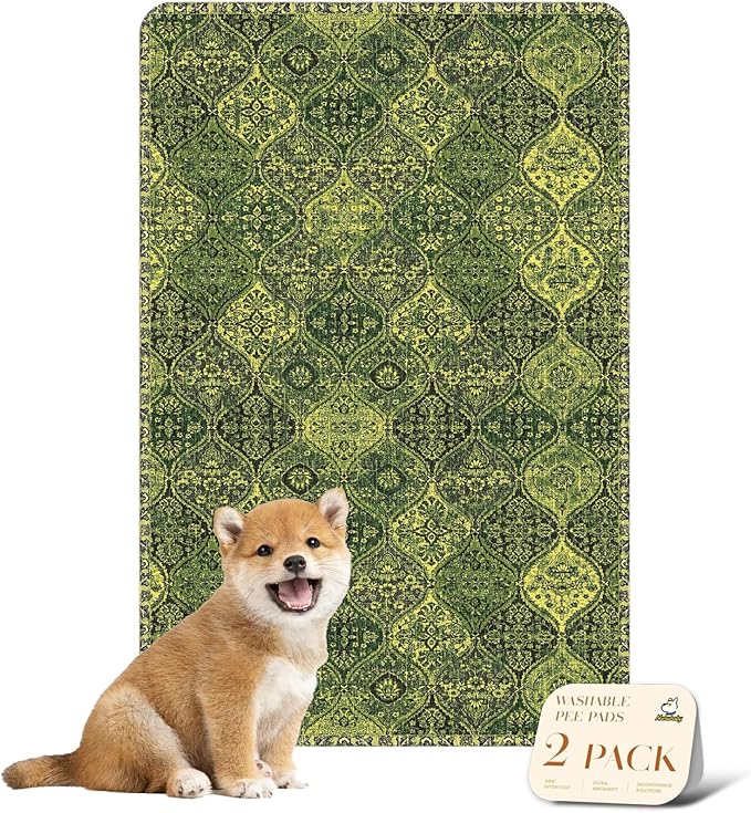 nunubaby Washable Pee Pads for Dogs, Stylish, Non-Slip and Leak-Proof Pee Pads. Reusable Potty Pads for Dogs for Crates and Floors.(Green/Multi, 24" x36")