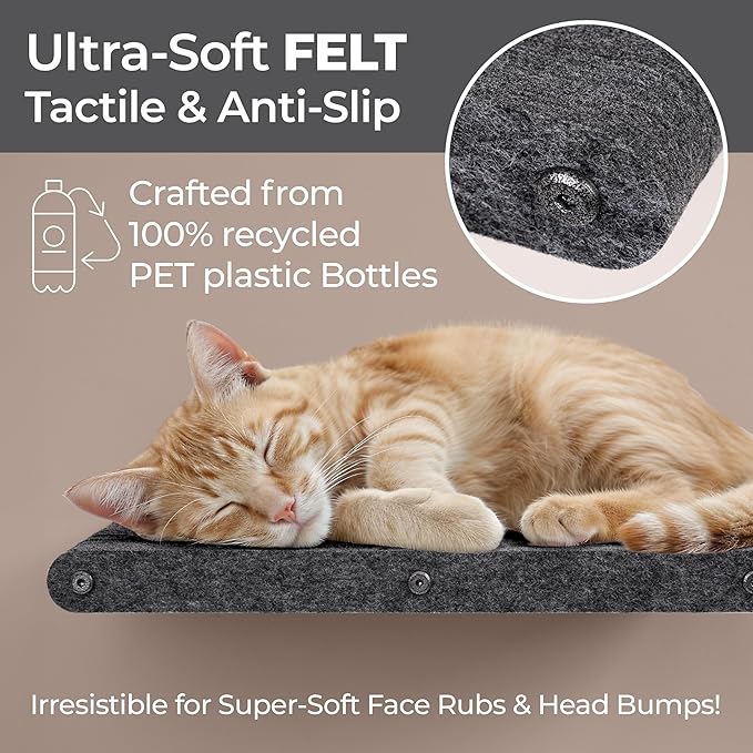 Wall Mounted Cat Perch Long Shelf by Pryde Pets - Floating Hammock Bed, 100% Sustainable PET Felt Feline Enrichment Climber Furniture for Indoor Cats, Modern Climbing Gym Jungle Design (Charcoal)