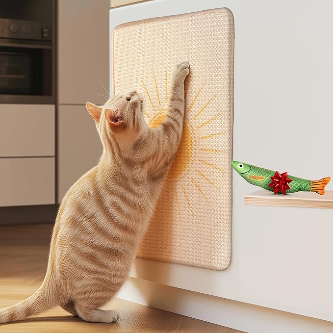 Sisal Scratcher, [+ Catnip Fish Toy], Cat Wall Scratcher, Couch Protector from Cat Scratching, Scratching Mat- 24 X 15.8 with 12 Adhesive Stripes. (The Sun)