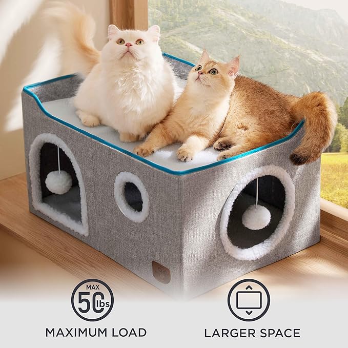 Bedsure Large Cat Beds for Indoor Cats - Extra Wide Cat Cube House for Small Pet with Fluffy Ball Hanging and Scratch Pad, Foldable Pet Cave Hideaway for Multiple Cats, 23.6x16.9x13 inches, Grey