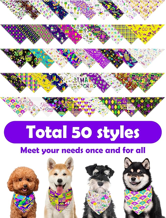 PET SHOW 50 Pack Mardi Gras Dog Bandanas Bulk for Extra Large XL Dogs Washable Adjustable Pet Scarf Triangle Bibs for Dogs Green Yellow Purple Decorative Grooming Accessories