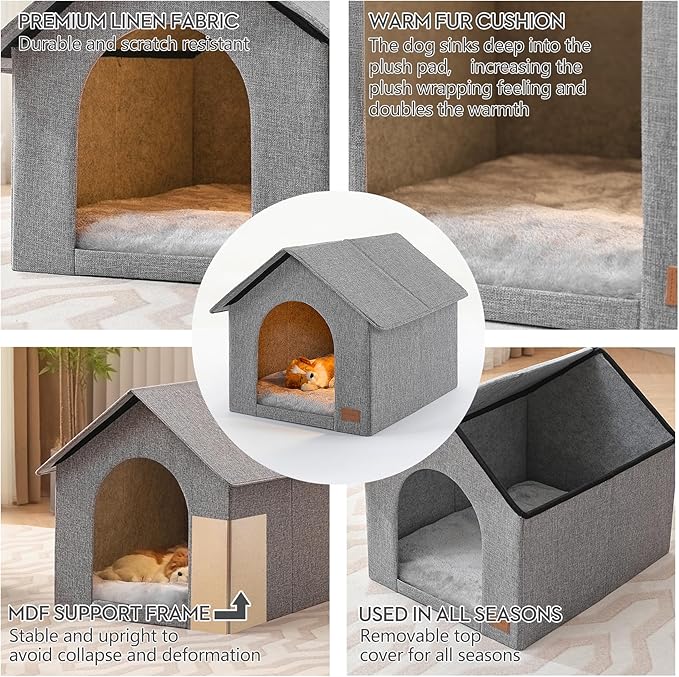 Indoor Dog House with Washable Plush Cushion - Medium Size, Suitable for Dogs & Cats