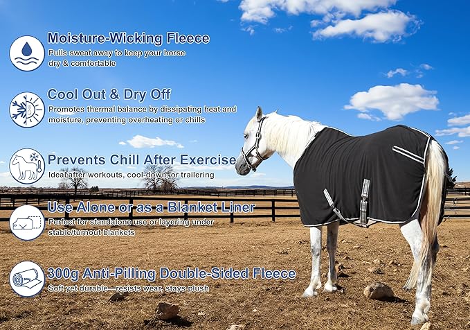 Horse Fleece Cooler, Blanket Liner - 300g Anti-Pilling Fleece, Moisture-Wicking, Cooling & Drying for Post-Workout, Bath & Travel, Prevent Overheating & Chilling Black 81