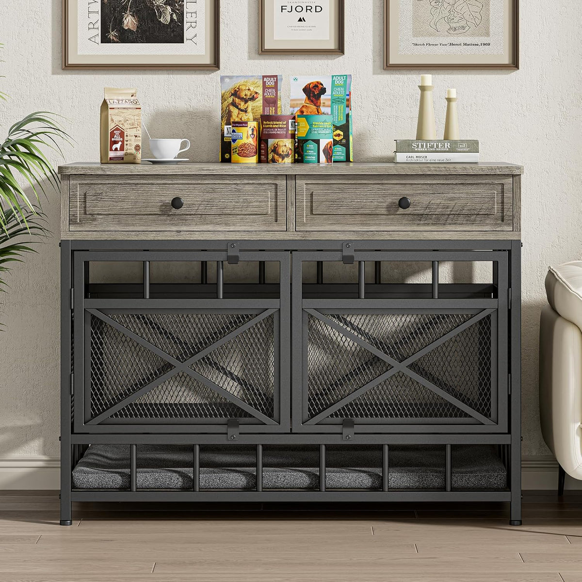 IRONCK 44 inch Large Dog Crate Furniture, Wooden Dog Kennel with Storage Drawers for Medium/Large Dogs, Decorative Dogs Kennel Indoor, Light Ivory
