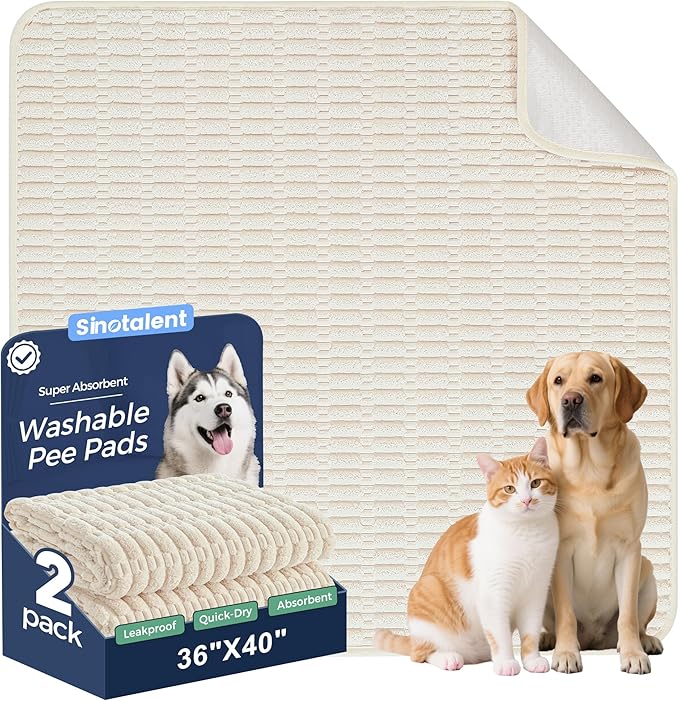 Washable Pee Pads for Dogs, 2 Pack Reusable Puppy Pads Dog Pads, Non-Slip Dog Pee Pads, Leakproof Pet Pee Pads Wee Wee Pads for Dogs. (Cream White, 36"x40"(Pack of 2))