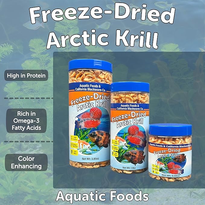 Aquatic Foods Inc. Arctic Krill, Freeze Dried Krill, High in Natural Color Enhancing for Large Cichlids, Tropical Fish, Koi, Turtles, 12-Type Pellet Mix & 4-Type Wafer Mix Included 1.9oz Canister
