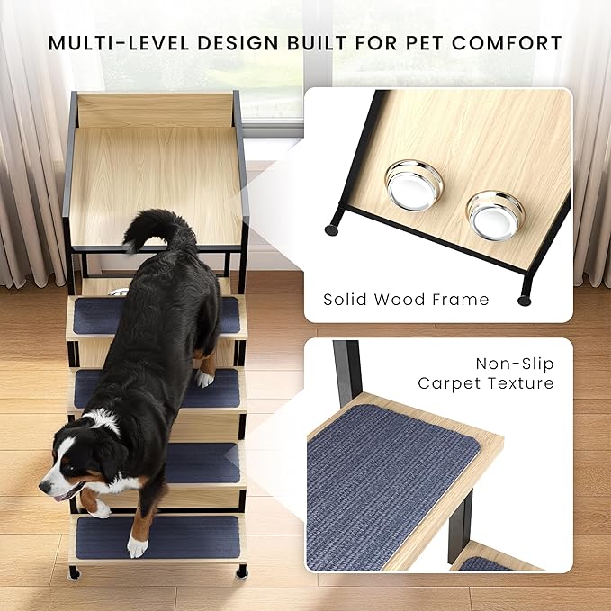 Dog Window Perch with Stairs - Multilevel Perch to Look Out Window with 130 lbs Load Capacity - Pet Bunk Bed with Feeding Station & Anti-Slip Carpet (Natural Color)