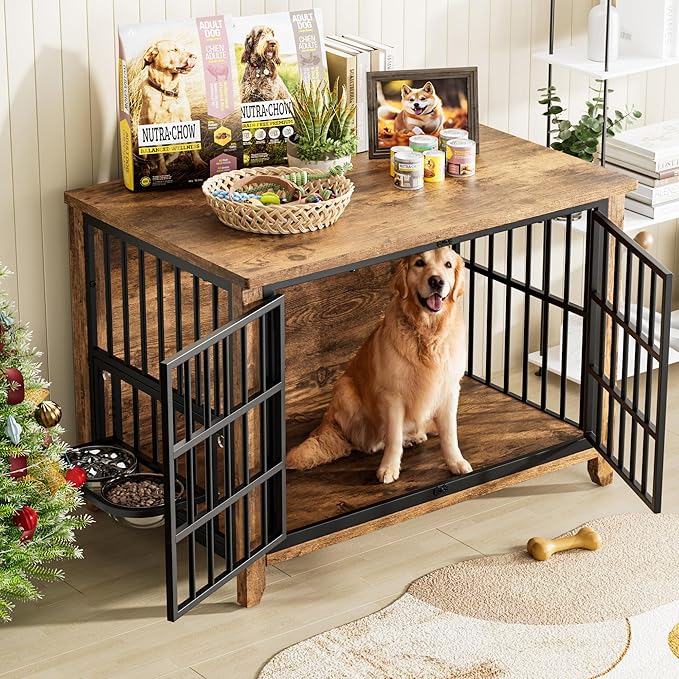 Lulive Wooden Dog Crate Furniture, Large Dog Kennel Indoor with 360°& Adjustable Raised Dog Bowls, Double Doors Furniture Dog Crates End Table for Large/Medium Dogs 37.8" L*23.6" W*27" H, Brown
