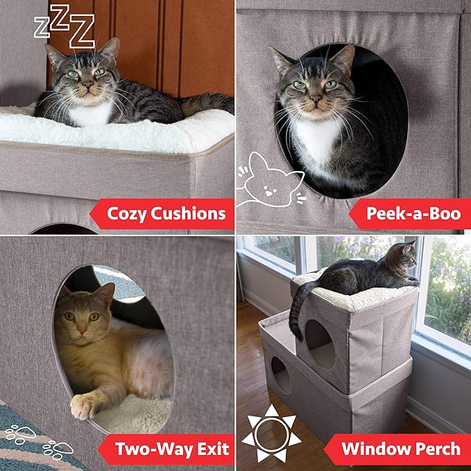 Kitty City Large Stackable Cat Condo & Cube House, Modular Indoor Cat Furniture with Plush Washable Beds, Collapsible Cat Cave & Lounging Ottoman, Tan