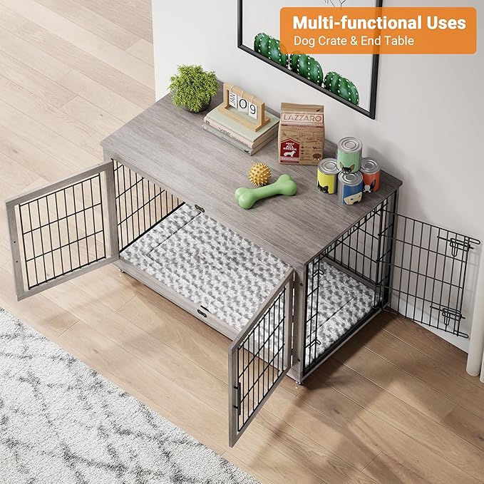 Lulive Dog Crate Furniture, XL Wooden Dog Kennel Indoor Double Doors Dog Cage, 44'' Heavy Duty Dog Crate with Cushion & Wheels, Decorative End Table Chew-Resistant for Extra Large/Medium, Grey