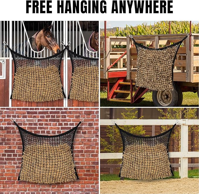 4 PCS Slow Feed Hay Net for Horses, Large Capacity Hay Bags for Horses Goats Sheep Donkey Trailer Full Day Feeding, Easy to Fill and Hang, Black, 35 x 31 Inch