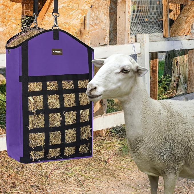 Hay Bags for Horses,3 Packs Slow Feed Hay Bags for Goats,Sheep,Donkey,Premium Oxford Hay Feed Bags with Front Hay Nets Design, Easy to Fill and Hang with Large Opening (2Purple + 1Black)