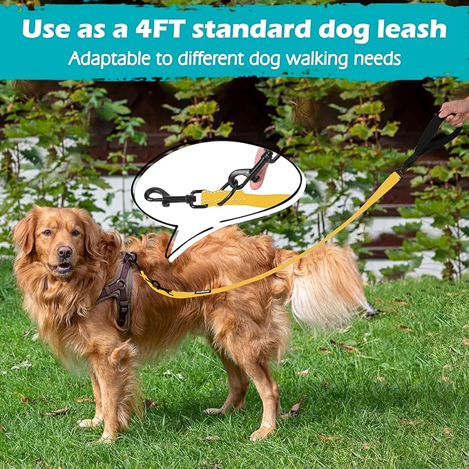 PetBonus Two Point Control Dog Leash, Works with No Pull Harnesses, No Tangle Training Leashes, Soft Padded and Reflective Walking Lead, Converts to Single Lead for Medium Large Dogs (Yellow)