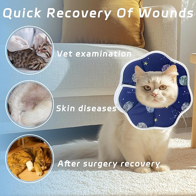 Soft Adjustable Cat Cone Collar - Comfortable Recovery Collar for Cats After Surgery (Blue, Medium)