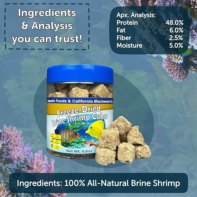 Aquatic Foods Inc. Brine Shrimp, Freeze Dried Floating Brine Cubes for Cichlids, Discus, Tetras, Goldfish, Bettas, Angel Fish, Marines, All Tropicals, Aquatic Turtles 1.3oz Canister