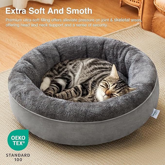 Love's cabin Round Donut Cat and Dog Cushion Bed, 20in Pet Bed for Cats or Small Dogs, Anti-Slip & Water-Resistant Bottom, Super Soft Durable Fabric Pet beds, Washable Luxury Bed Solid Grey