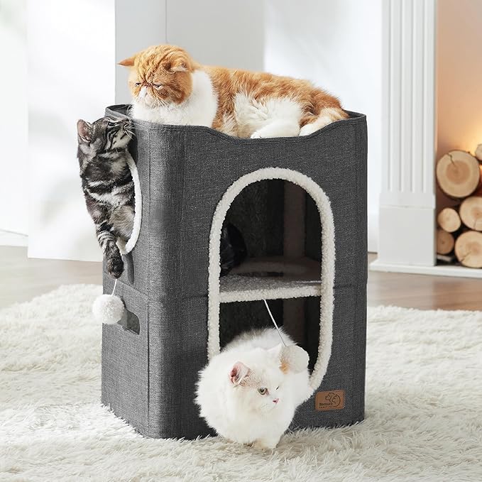 Bedsure 2 Story Cat House - Cat Condos for Indoor Cats with Scratch Pad and Fluffy Ball Hanging, Small Pet Cave Furniture Hideaway for Multi Pets, 18x14x23 inches, Dark Grey