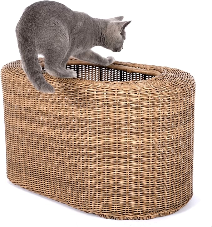 Fun Stackable Wicker Cat Hideaway House - Interactive Play Rattan Cat House for Indoor Cats Kitty, Pet Friendly Top/Side House Entry, Cat Bed Enclosed