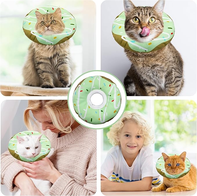 Cat Cone Collar Soft, Adjustable Cat Recovery Collar Kitten Cones to Stop Licking, Cute Donut E Collar After Surgery, Cats Neck Pillow Cone Elizabethan Cones of Shame (Waterproof Green, Large)