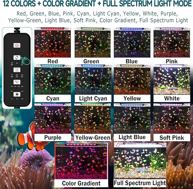 24/7 Mode LED Aquarium Light for 45-54 Inch Plant & Fish Tank, IP68 Full Spectrum Light, Sunrise-Daylight-Moonlight, White Red Green Blue Pink LEDs with Extendable Brackets for Freshwater