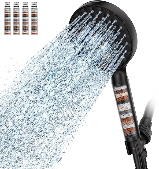 Filtered Shower Head with Handheld, High Pressure 9 Spray Mode Matte Black Showerhead with 4 Filters, Detachable Shower Head, Water Softener Filters Beads for Hard Water - Remove Chlorine
