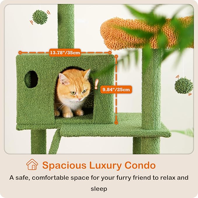 Ouritsu Cat Tree, 56 inch Tall Cat Tower for Large Cat Indoor, Large Condo, 2 Padded Perches, Steel-Framed Hammock, Scratching Post and ramp, Fluffy Basket, Green, LF001GB