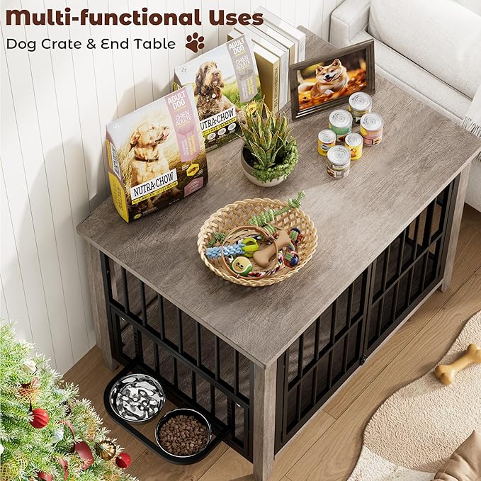 Lulive Dog Crate Furniture, Wooden Dog Kennel Indoor with Adjustable 360°& Height Dog Bowls, Double Doors Furniture Dog Crates End Table for Small/Medium 31.5" L*22.5" W*25.6" H, Grey