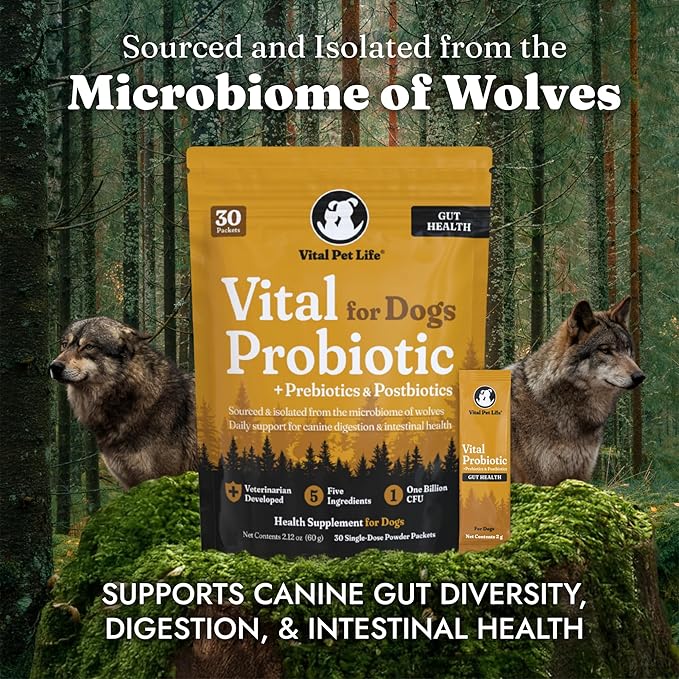 Vital Probiotics for Dogs - Wolf Microbiome, Daily Digestive Health, Dog Probiotics for Digestive Health, Powder Probiotic Supplement, Prebiotics & Postbiotics, Veterinarian Developed, 30 Packets