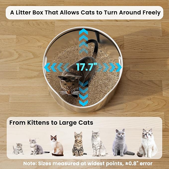 Stainless Steel Litter Box Metal with Integrated Round for XL/XXL Big and Multi Cats, 12" High Wall High Side, Odor Control, Easy to Clean, Durable, Includes Stainless Steel Scoop