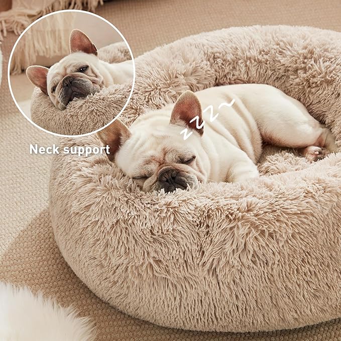 Love's Cabin Calming Dog & Cat Bed, Anti-Anxiety Donut Round for Indoor Cats, Small Medium Dogs, Fluffy Warming Pet Bed, Beige Taupe 20"/24"
